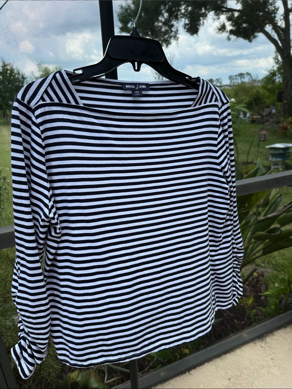 Nautica Black & White Striped Boatneck Long Sleeve Top